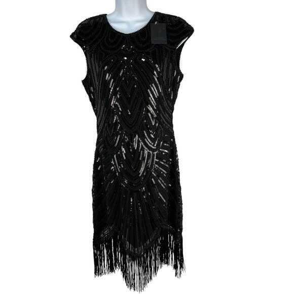 Vijiv Womens Black Sequin Fringe Flapper Dress 1920s Art Deco Gatsby Style Small - Picture 1 of 13